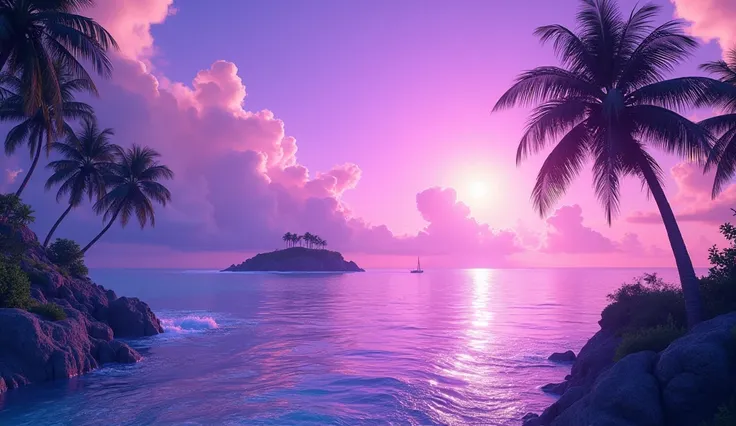 A beautiful vaporwave landscape, palm trees, a serene ocean, a vibrant purple sky with clouds, an island in the distance, a small boat on the water, high quality, ultra-detailed, 8k, hyper-realistic, photorealistic, concept art