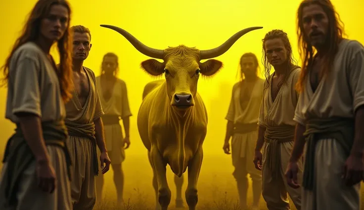 ghost, aesthetic nightmare  Realistic picture of a bright yellow cow surrounded by men in traditional old clothes, long hair and belts  