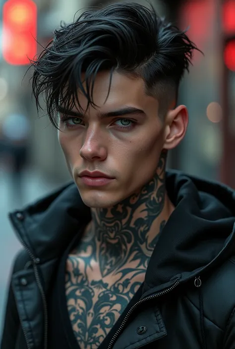 A young man, white skin and short black hair, with a cool haircut, gray blue eyes. Despite being young, he has a marked jaw., a treacherous smile. The face has a more rectangular shape, wears loose, dark clothes. Very urban style, half hip-hop. He has tatt...