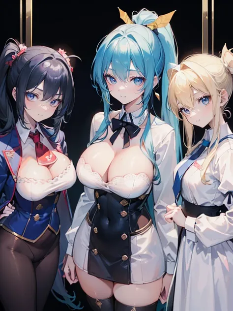 ((highest quality)), ((masterpiece)), (detailed), (Character Focus、breast focus,whole body), (three Girls:1.6), ((Girl 1, Blonde Hair、long Hair, Height 170, super very huge breasts, sexy, seductive)), ((Girl 2, Black hair、ponytail hair, Height 150, medium ...