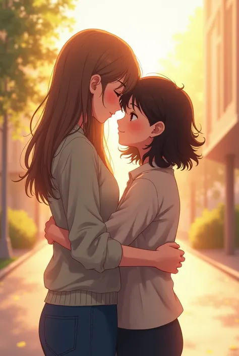 Illustrate the story of two girls who fell in love during their senior year of high school. One of them was taller with straight light brown hair and the other was shorter with shoulder length curly hair.. Show them hugging each other.