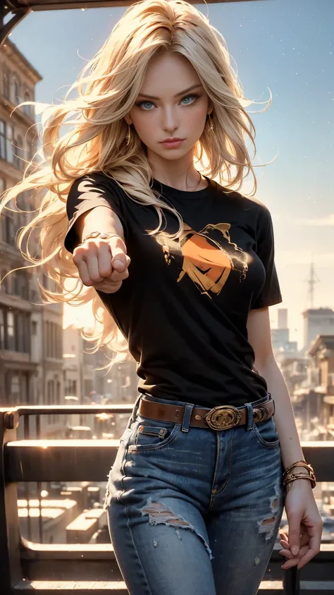 masterpiece, cowboy shot, (1 woman), (golden hair), (black t-shirt:1.2), (beautiful blue eyes), (Whole body ), white, orange and blue colors, Misty background, elegant pose, (looking at the viewer), (Front view), (from the sky), (bokeh:1.2)