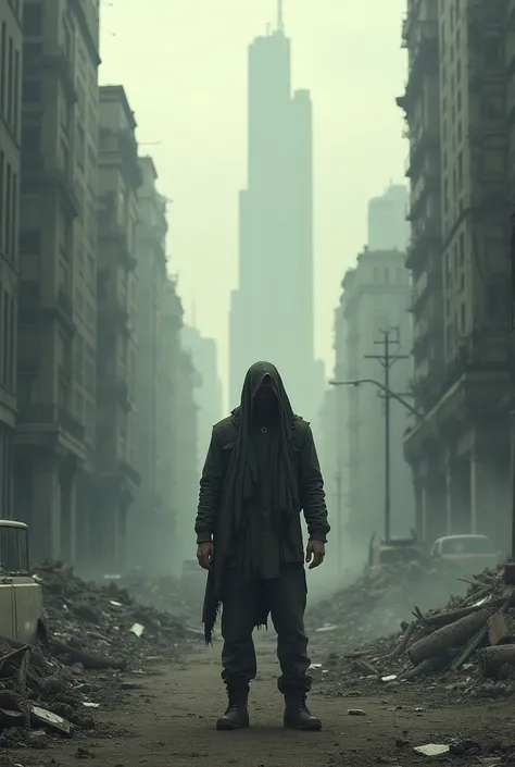 A man stands in the middle of a ruined city with his face covered