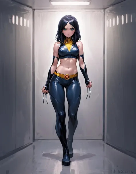 ((full body photo, standing, feet on the floor)) photo of a beautiful (laura_kinney), (claws), midriff, navel, pants, (abs:0.7),...