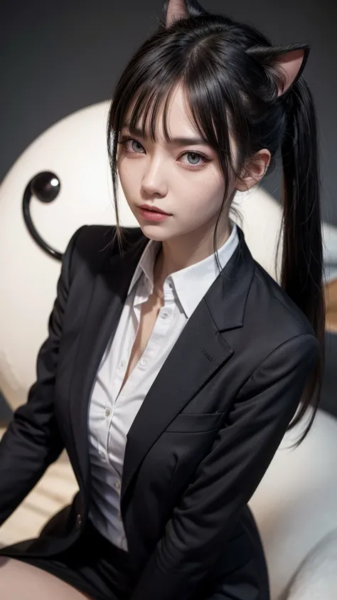 Make a woman wearing a suit with one red eye and one white eye , with cat tail and ears