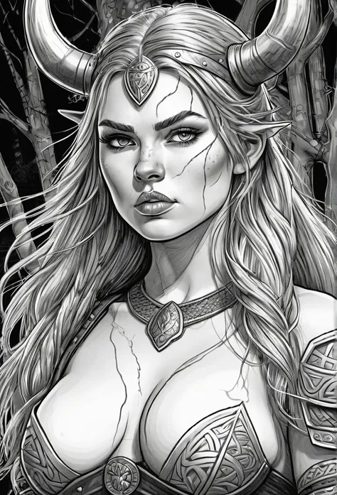 Pornographic pencil sketch of a Viking character with scars of war, erotic image of a naked Viking woman, cartoon art style, digital illustration style, highly detailed character design, courage detailed digital art, Forest fan art, Portrait Character Desi...