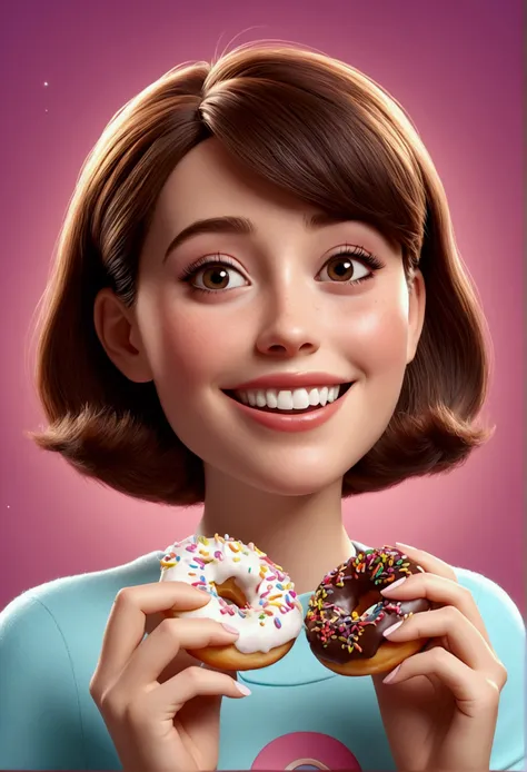 Pixar style image with 3D character white brunette woman with short straight hair eating mini donuts, Disney makeup,, cute, smiling ,close up, pixar, Disney, Cinema lighting,