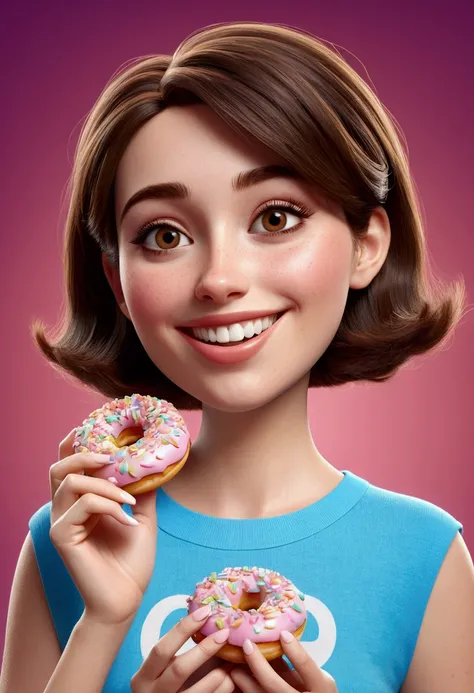 Pixar style image with 3D character white brunette woman with short straight hair eating mini donuts, Disney makeup,, cute, smiling ,close up, pixar, Disney, Cinema lighting,