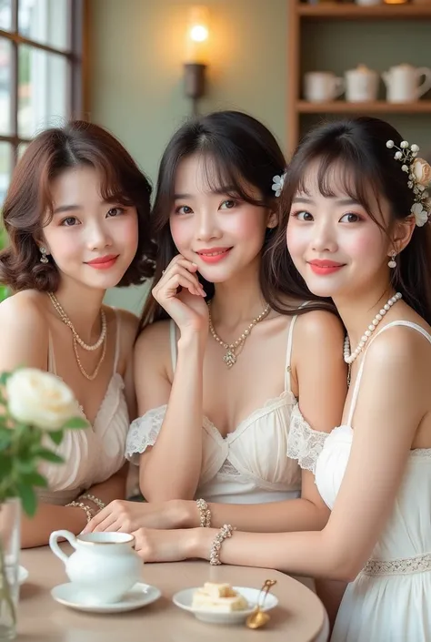 Highest quality、High resolution、Detailed Background、Beautiful face in every detail、Detailed facial expressions、Detailed eyes、Teenage beauty、Cute Eye Makeup、Cute Lip Makeup、Calm atmosphere、Tea time at the cafe、

(Three women enjoying tea time at a cute cafe...