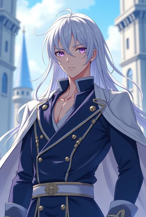 anime boy, serious, Her long white hair with some blue streaks, his purple eyes, in prince&#39;s clothes, very toned and in a white castle with blue towers