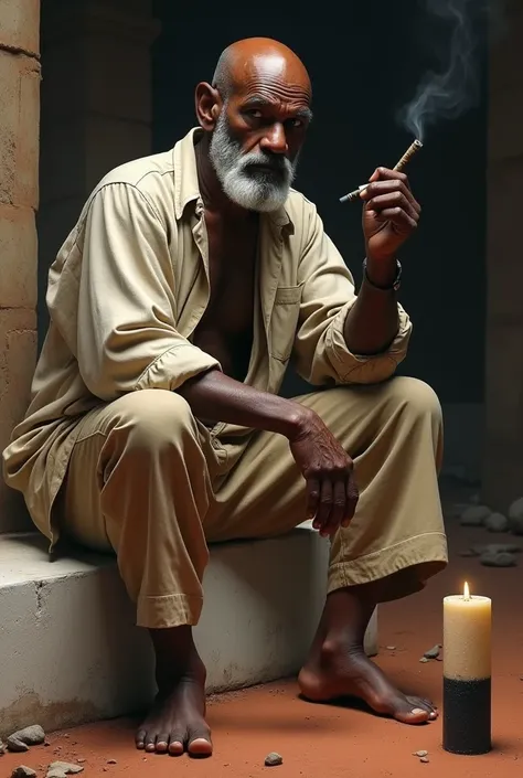 70 YEAR OLD GENTLEMAN ,blacksad ,baldie ,short white beard , muscular,sitting on a white stone ,red clay floor place ,holding a black cigar in his right hand .on the floor on the right side a candle half white and half black,with folded beige wide-sleeved ...