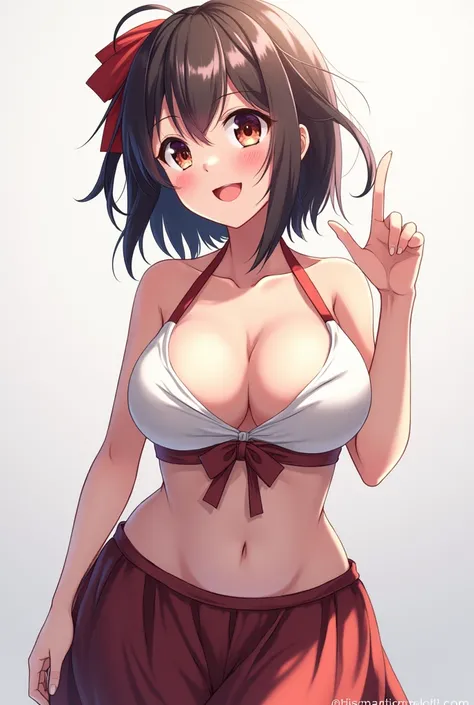 Girl, big breasts , with a smile, anime style, with skirt, inclined