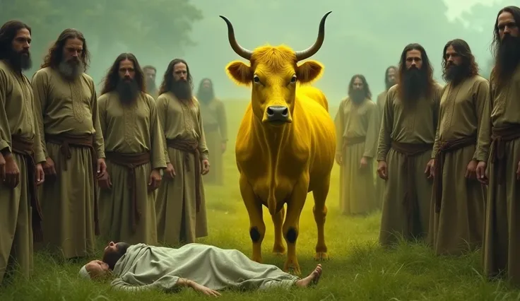 ghost, aesthetic nightmare Realistic picture of a bright yellow cow surrounded by men in traditional old clothes, long hair and belts Behind them is a green grassy area.
And next to them is a dead body covered in a shroud.  