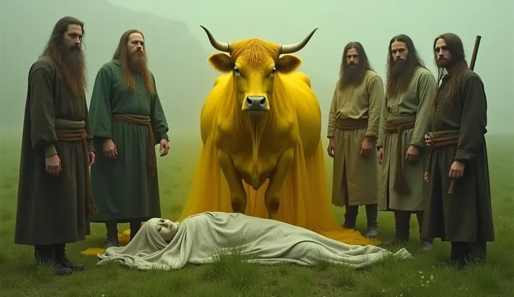 ghost, aesthetic nightmare Realistic picture of a bright yellow cow surrounded by men in traditional old clothes, long hair and belts Behind them is a green grassy area.
And next to them is a dead body covered in a shroud.  