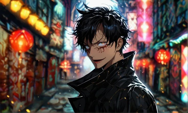 Man, slim and defined body, stylish black hair, black coat with high collar, crazy smile, dark alley background, ((Intricate anime character design inspired by One Piece)), ((impressive lighting)), ((fine lines)), ((impressive focus)), ((impressive face)),...