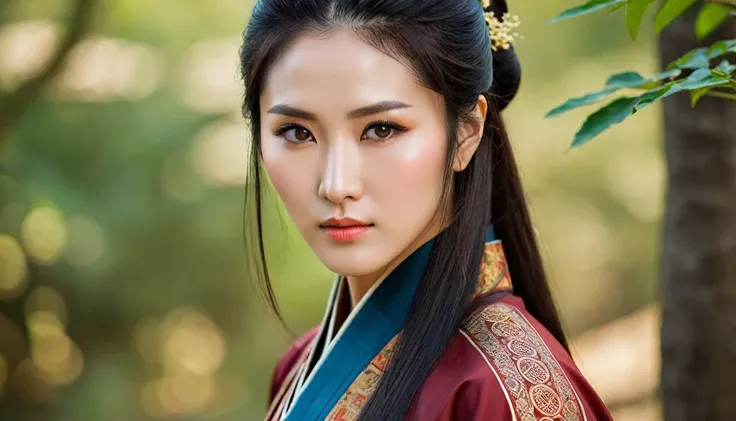 Create a realistic portrait of Yenu, a woman of serene beauty and imposing presence. She has deep brown eyes that convey wisdom and strength, and her expression is one of quiet confidence. Her dark, flowing hair frames her face, complementing her strong fe...