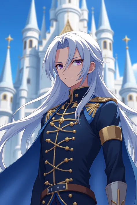 anime boy, serious, Her long white hair with some blue streaks, his purple eyes, in prince&#39;s clothes, very toned and in a white castle with blue towers