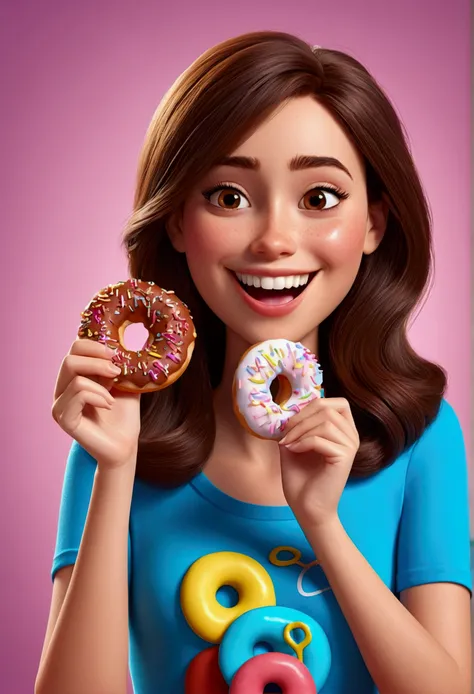 Pixar style image with 3D character brunette woman with medium straight hair eating mini donuts, Disney makeup,, cute, smiling ,close up, pixar, Disney, Cinema lighting,