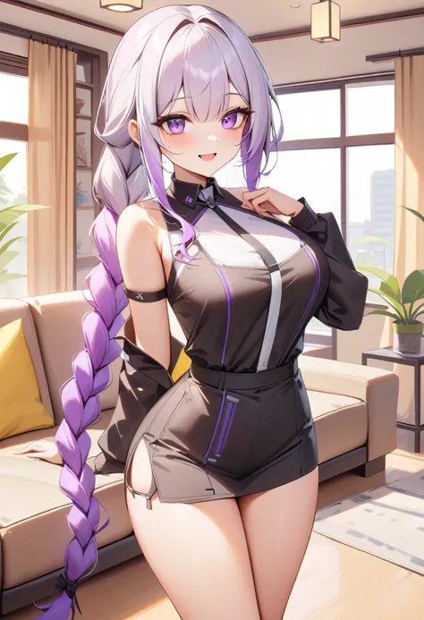 score_9,score_8_up,score_7_up, yinji,1girl,solo,purple_hair,purple_eyes,very_long_hair,grey_hair,braided_ponytail,large_breasts,gradient_hair,bags under eyes,smile,🖕🖕,living room