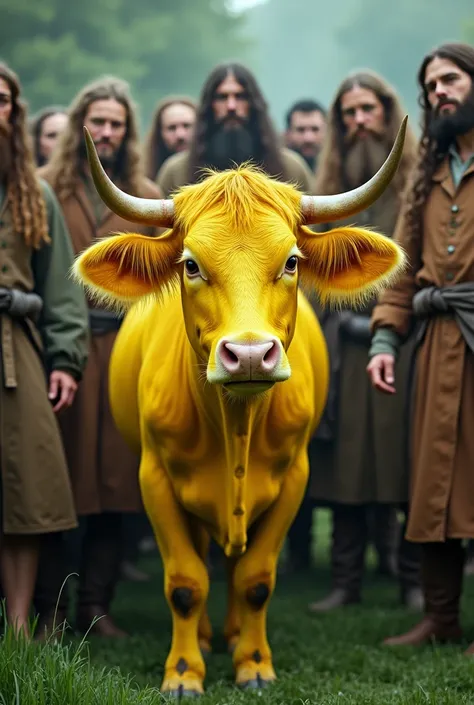 ghost, aesthetic nightmare Realistic picture of a bright yellow cow surrounded by men in traditional old clothes, long hair and belts Behind them is a green grassy area.
