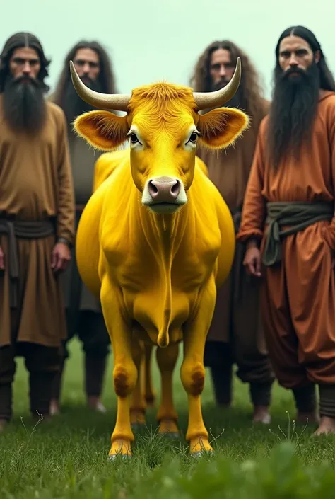 ghost, aesthetic nightmare Realistic picture of a bright yellow cow surrounded by men in traditional old clothes, long hair and belts Behind them is a green grassy area.
