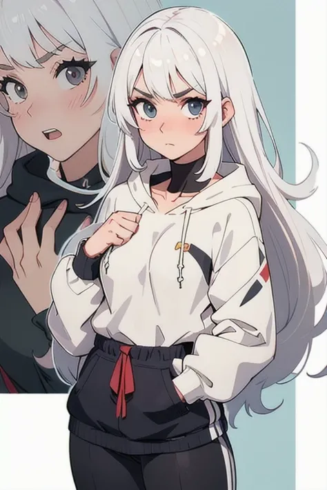 White Hair Girl, High resolution, Anatomically correct, High detail, Long Hair, bangs, Gray Hair, chest, awkward, surprise, panic, White eyebrows hidden beneath the hair, Overlooking, Character portrait, hoodies,Otaku&#39;s Room,Anatomically correct, 150 c...