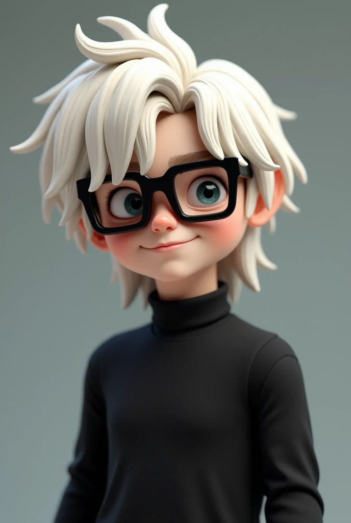 A ROBLOX CHARACTER, Child boy, Cabelo offwhite de garoto desalinhado, long straight hair (offwhite), Caucasian skin, black long shirt, black square glasses, with no face