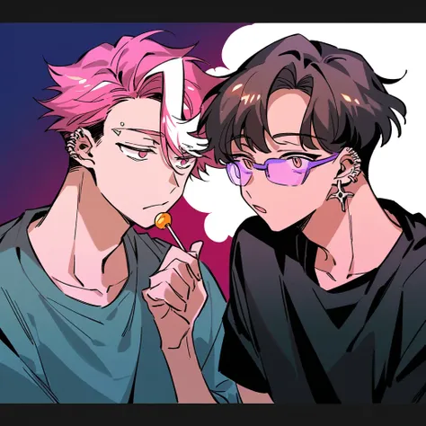 2 boys together, couple. 
first boy: a young man with medium pink hair and some white highlights, up to the neck, piercings na o...