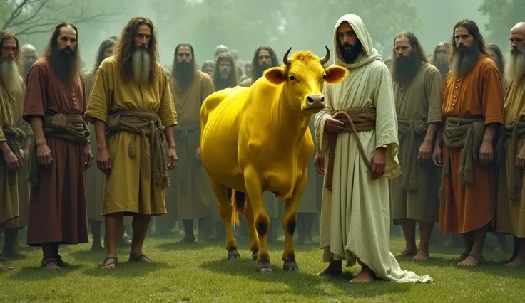 ghost, aesthetic nightmare Realistic picture of a bright yellow cow surrounded by men in traditional old clothes, long hair and belts Behind them is a green grassy area. And next to them is a dead body covered in a shroud. The dead man rises and stands nex...