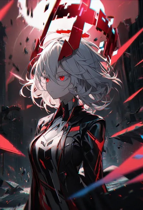 1girl, white hair, wild hair, red eyes, (white eyelashes:1.2), emotionless, red glow halo, mature, black coat, short hair, (chromatic aberration:1.2), reality break, destruction city, solo, (evil godness:1.2), digital dissolve, dynamic pose