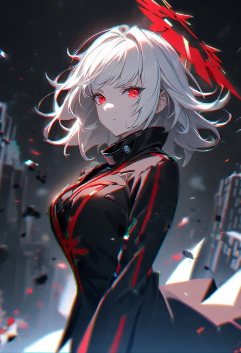 1girl, white hair, wild hair, red eyes, (white eyelashes:1.2), emotionless, red glow halo, mature, black coat, short hair, (chromatic aberration:1.2), reality break, destruction city, solo, (evil godness:1.2), digital dissolve, dynamic pose