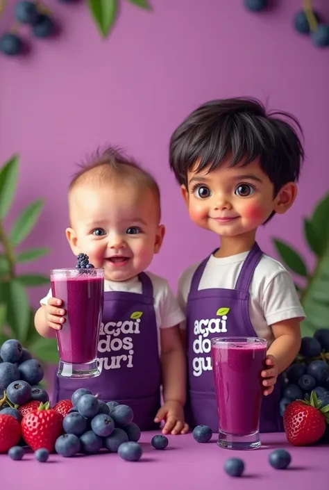 A photo for an açaí commercial. A 4 month old baby with light eyes and hair, facing forward raising a glass of açaí, wearing a purple apron with the words açaí dos guri written on it. And a 4 year old boy with dark hair and eyes , wearing an apron with the...