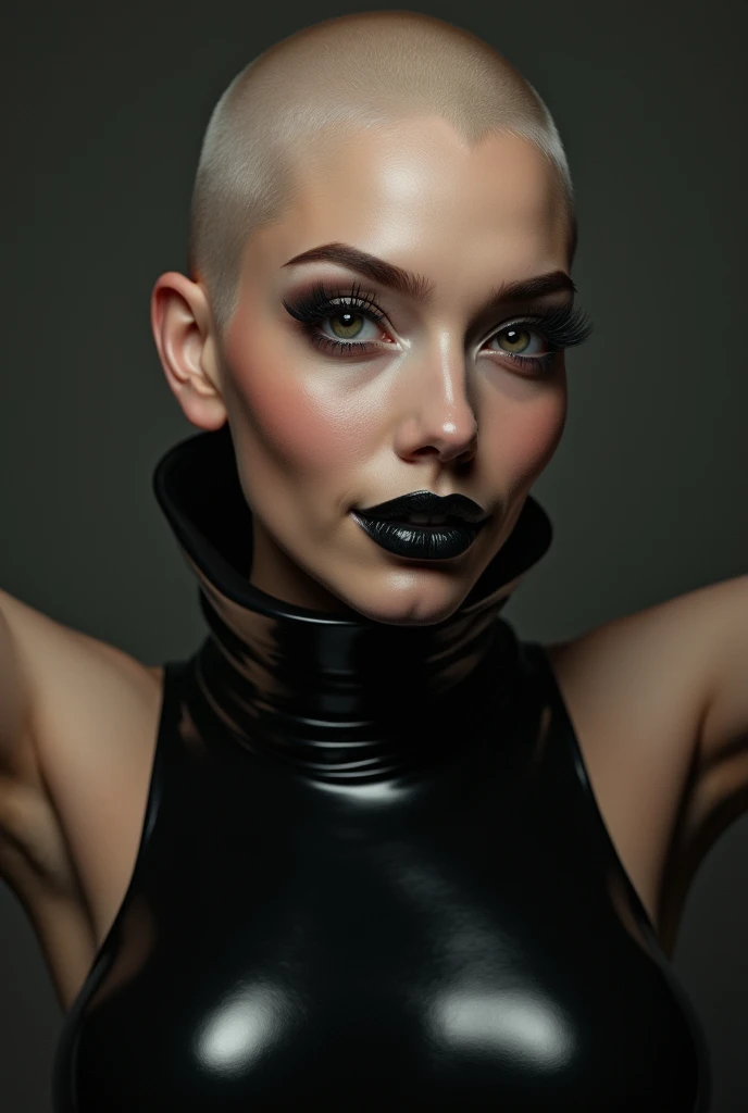 (photorealism:1.2), beautiful woman, latex dress, black lipstick, smiling, bald