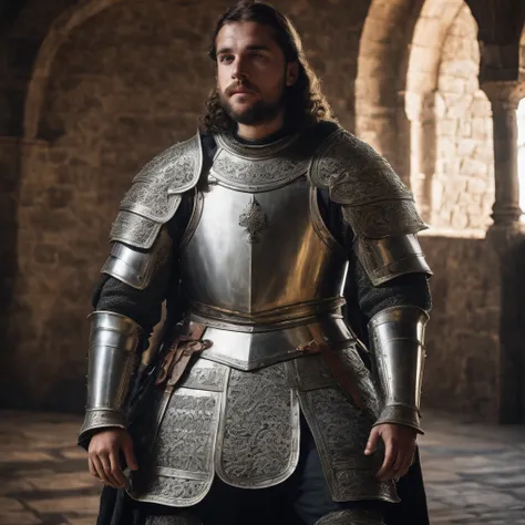 man, Medieval armor, high detail, cinematic camera, epic light, high detail, excellent quality, patterns, throne, king