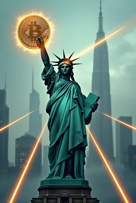 Statue of Liberty with a Bitcoin coin in her hand and laser beam eyes