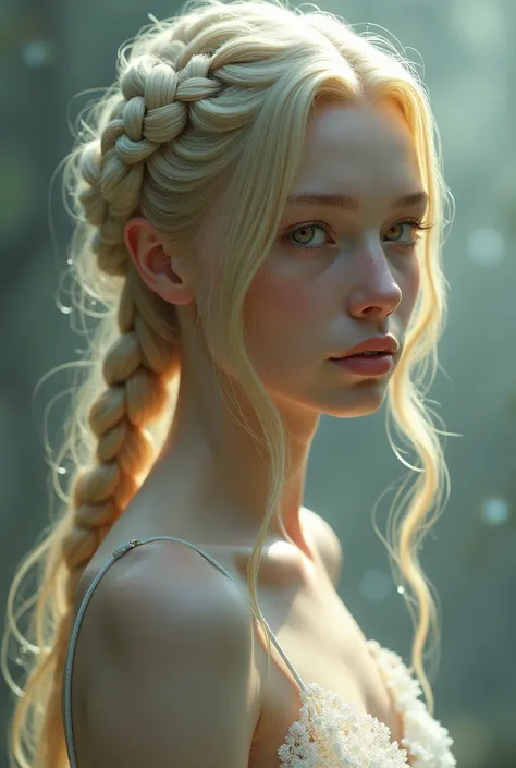 A mannwith golden eyes and blonde long hair tied back in a braid, with a feminine face, and plump limps