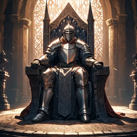 man, Medieval armor, high detail, cinematic camera, epic light, high detail, excellent quality, patterns, throne, king