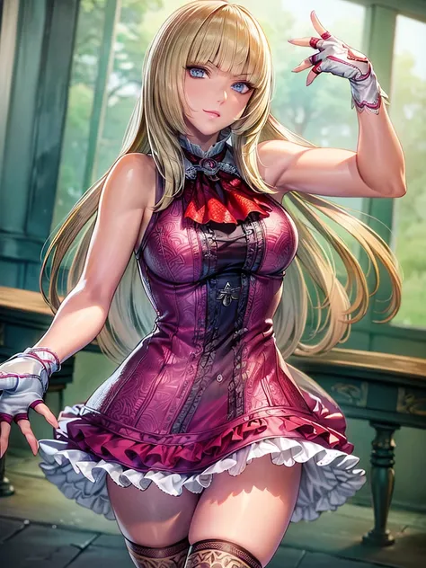 Armpit Show,No sleeve,Perfect Eyes:1.2, Detailed eyes:1.4, Emily T8, Blunt bangs, blue eyes, Long Hair, Blonde, Knee socks, Lace-up boots, Pink ruffle dress, frilled ascot, Fingerless gloves, smile, Red eyeshadow:1.2, compensate:1.2, Cowboy Shot, One girl,...