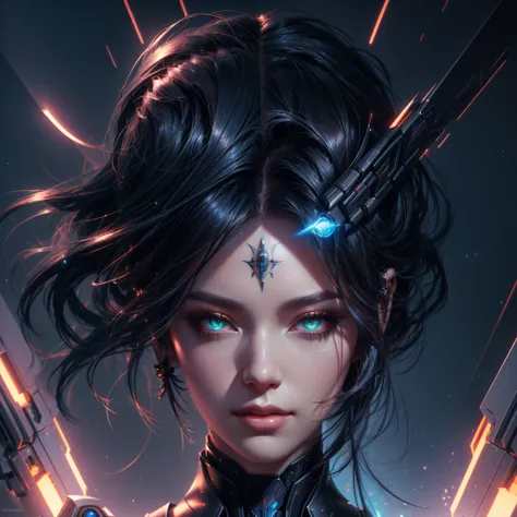 sci-fi, a close up of a woman - sci-FI queen of the raven with a sci fiorer on her face, Mechanical raven IN HAIRS, fiol glowing eyes, rossdraws portrait, fantasy concept art portrait, wojtek fus, rossdraws 2. 0, rossdraws 1. 0, rossdraws digital painting,...