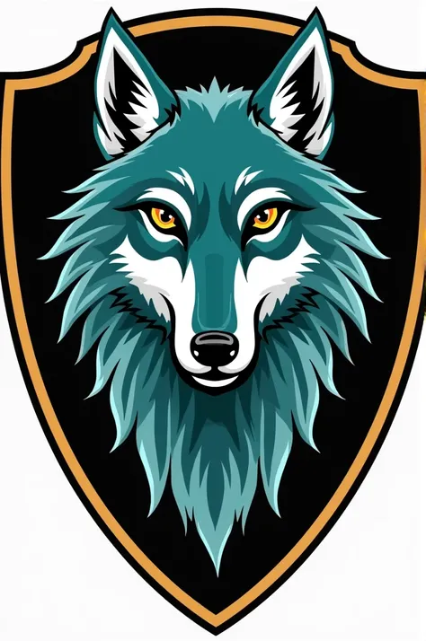 Shield with a wolf that says "Santa Rita Escorts" with gold edges, and that has the turquoise colors, black and white 
