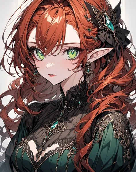 A portrait of the most beautiful auburn haired woman with shiny aquamarine-green eyes and small pointed ears wearing a luxurious gothic dress