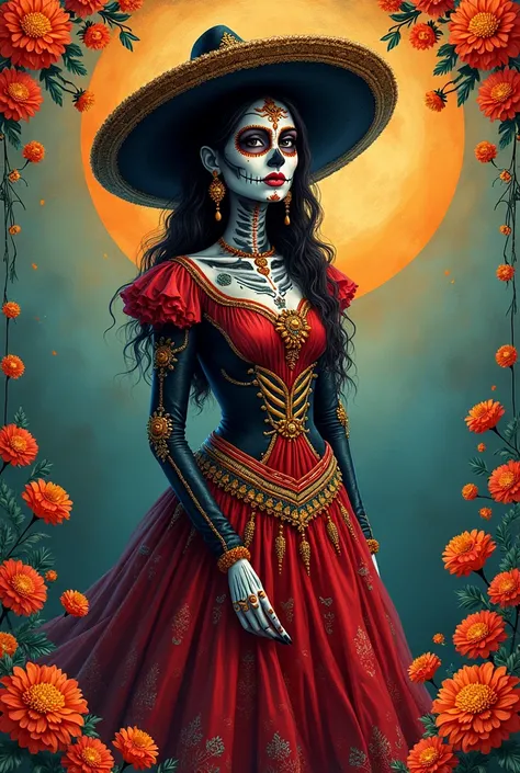 Drawing of a catrina dressed as a charro on the day of the dead  