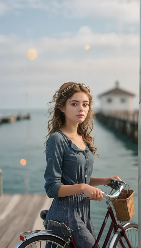 Surrealism:1.5,  Bokeh, young woman aesthetic, bicycle riding, pier, High-quality DSLR snapshots, High-definition film grain photo taken at f/16, ISO 100, With 200mm lens, Global Illumination, Fibonacci