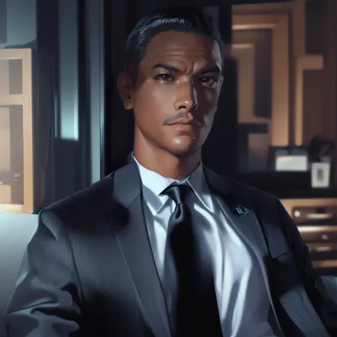 there is a man in a suit and tie sitting in a chair, like a gta san andreas character, gta character, gta character san andreas, no gta san andreas