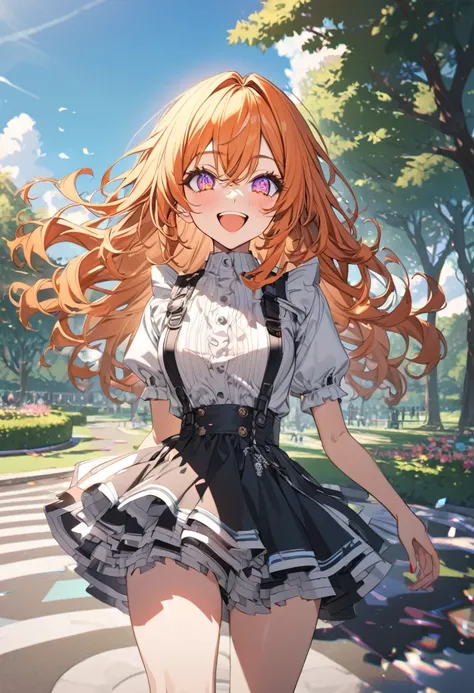 anime girl,  orange hair , pinck eyes, ultra detailed, model clothes, ultra detailed, ultra detailed eyes, beautiful, park backg...