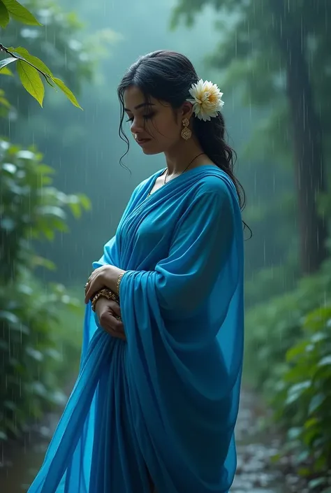 A beautiful Bengali girl in a blue sharee, don’t show her face but show her full sharee too to bottom, a beli ful in her hair and standing in rain make it like a painting