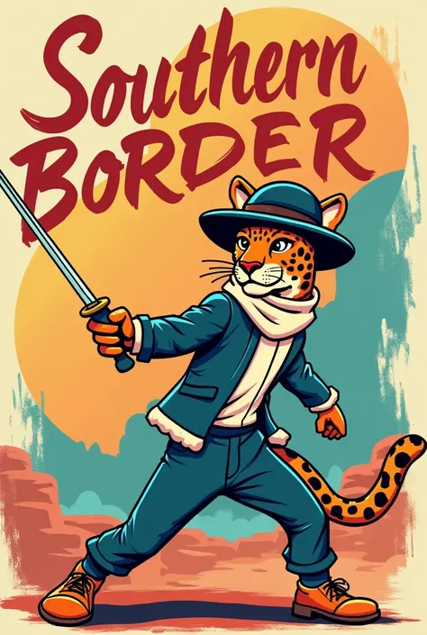 Vector illustration of a jaguar fencer, in cartoon style, and with a text that says "Southern Border" in Spanish using modern and creative typography 