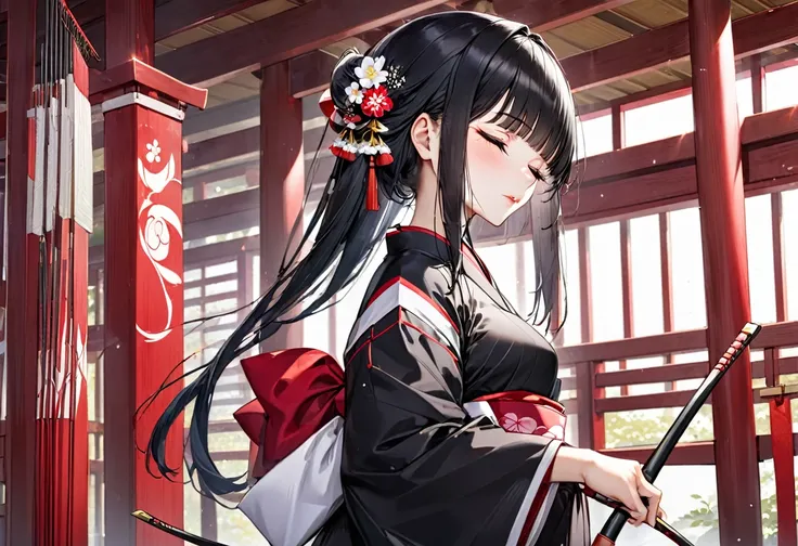 ((profile, standing Kyudo style)), (left hand holding) ((a old japanese long bow)), (Push forward left hand with japanese long bow), (solo:2, 15 yo) (detailed beautifu blunt bangs:1.3) (beautiful sexy black hair very long hair) (beautiful shrine maiden gir...