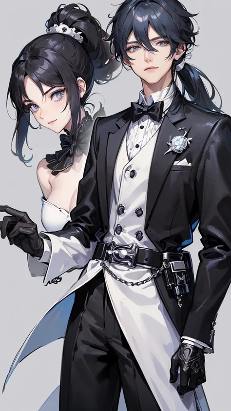 1 boy, anime, futuristic setting, elegant, fancy, tuxedo, high quality, intricate details, black bear ears, waist belt, chain accessories, pale blue eyes, panda aesthetic, butler outfit, smirk, ponytail, hairclips, pistol holster, androgynous, closeup