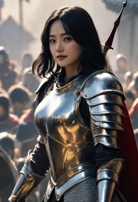 ((Highest quality)), ((masterpiece)), (Get used to it), Perfect Face, Shoulder-length black hair、28-year-old female。In dazzling silver armor、Like Joan of Arc、Smiling Kindly。With his right hand he points his sword at me.、Left hand vertical defense、Preparing...